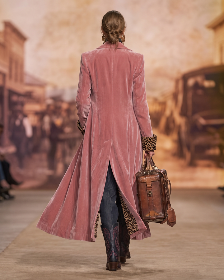 Armance | Manteau long effet velours à poignets léopard