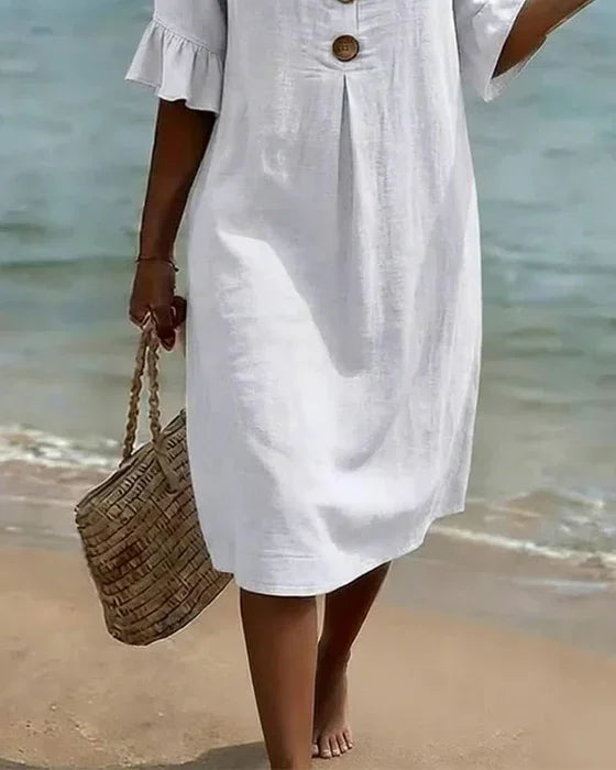 Vanesa | Robe en lin texturé avec manches ballon et boutons