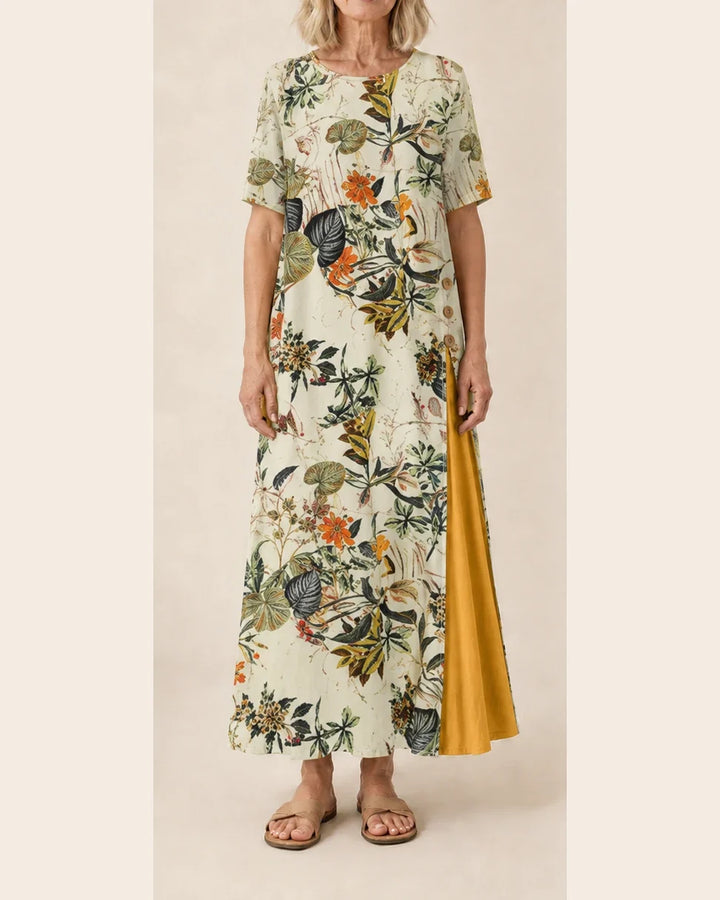 Maurene – Imprimé floral botanique | Robe longue décontractée effet lin