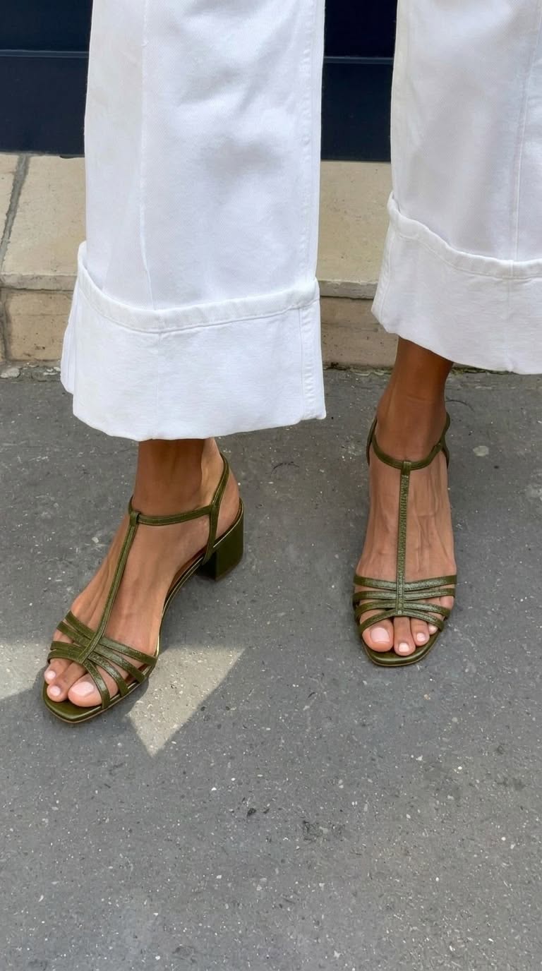Sandales métalliques avec boucle, bride en T et talon bloc
