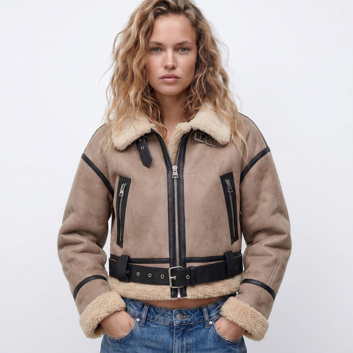 Élisabeth | Blouson aviateur court à col effet peluche