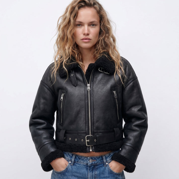Élisabeth | Blouson aviateur court à col effet peluche