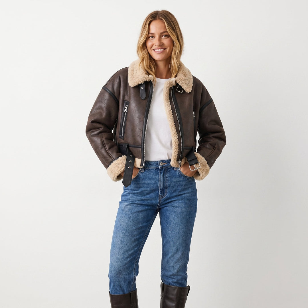 Élisabeth | Blouson aviateur court à col effet peluche