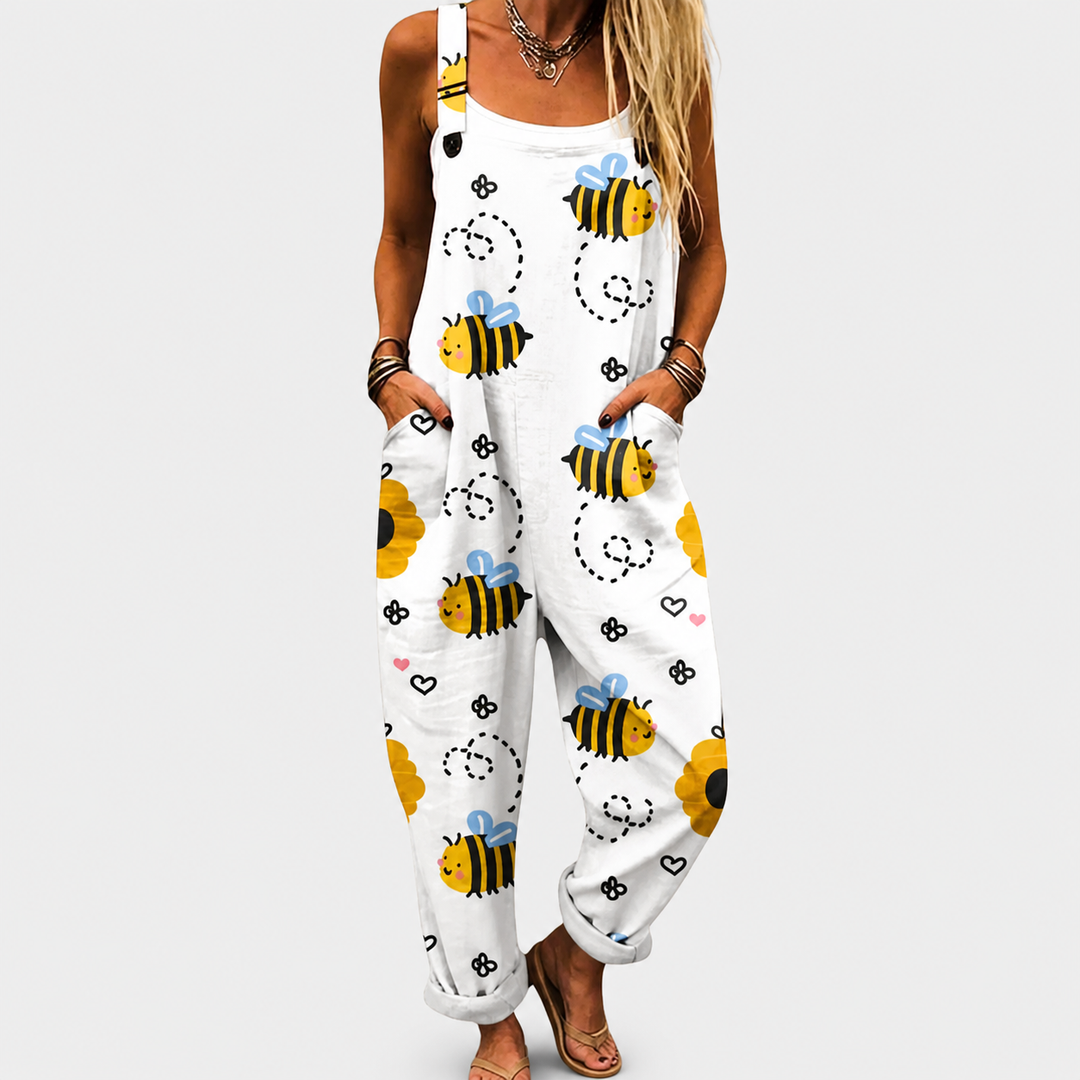Fiona | Salopette blanche à abeilles et tournesols