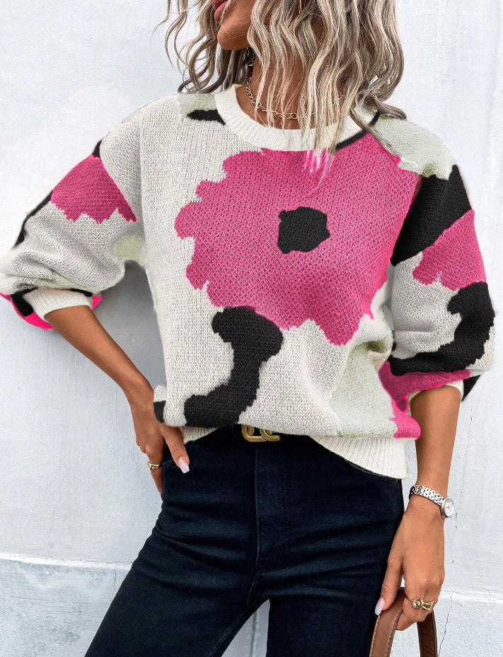 Gratienne | Pull en maille à grande fleur graphique