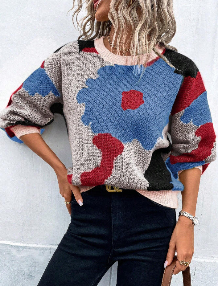 Gratienne | Pull en maille à grande fleur graphique