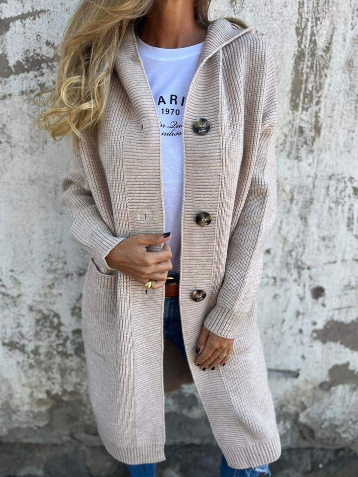 Gwenola | Cardigan long à capuche et gros boutons