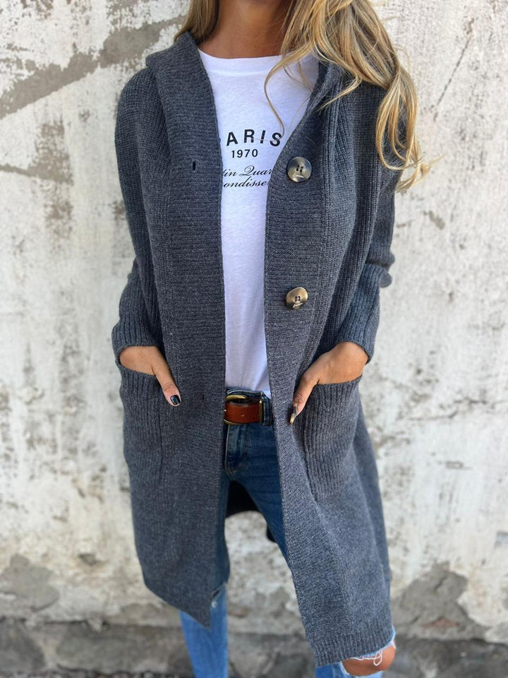 Gwenola | Cardigan long à capuche et gros boutons