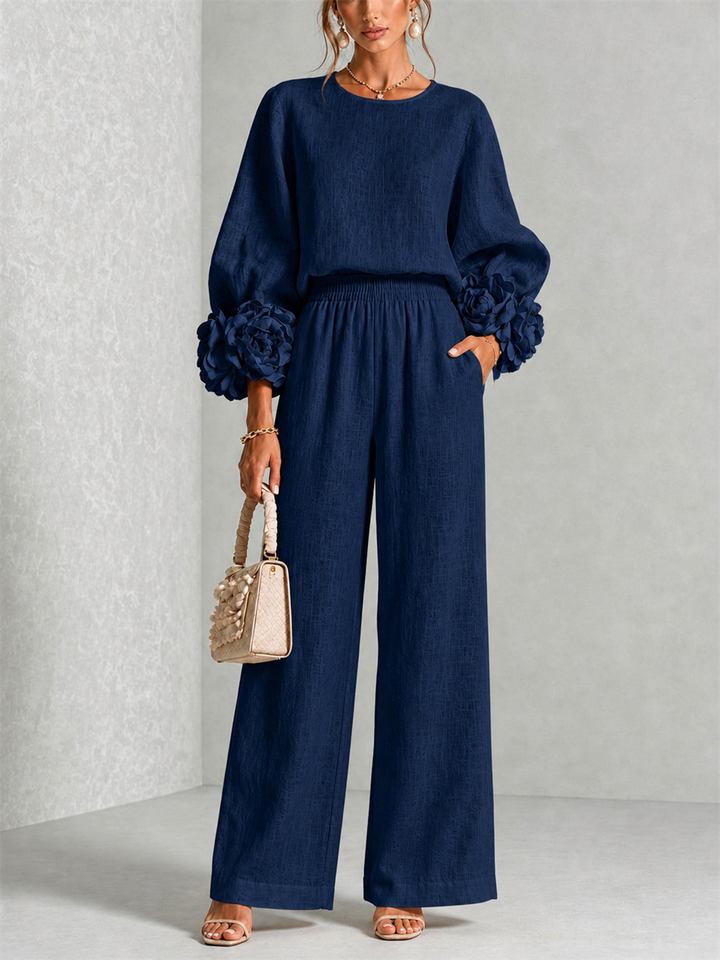 Hélianthe | Ensemble haut et pantalon large à manchettes fleuries
