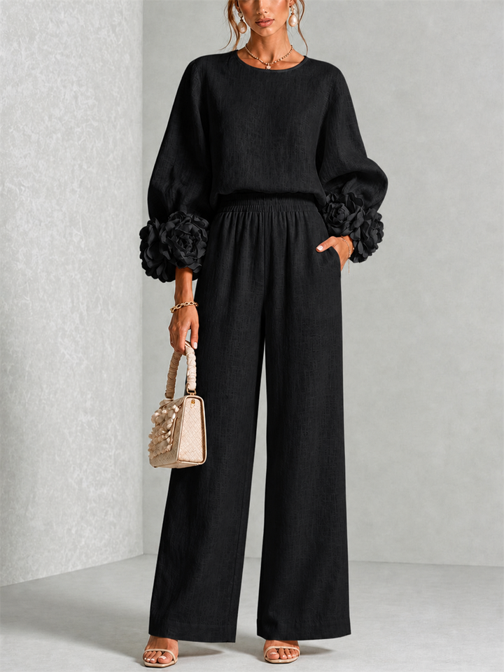 Hélianthe | Ensemble haut et pantalon large à manchettes fleuries