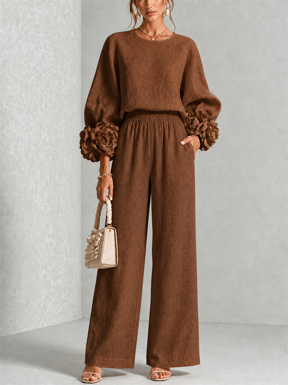 Hélianthe | Ensemble haut et pantalon large à manchettes fleuries