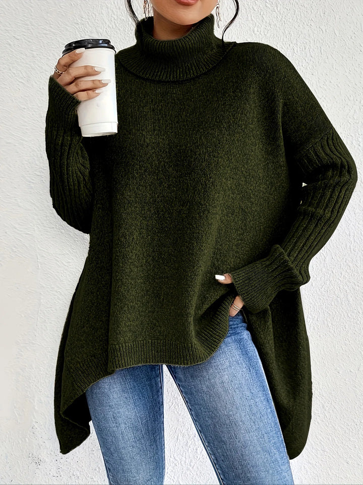 Hélyette | Pull long à col roulé et ourlet asymétrique