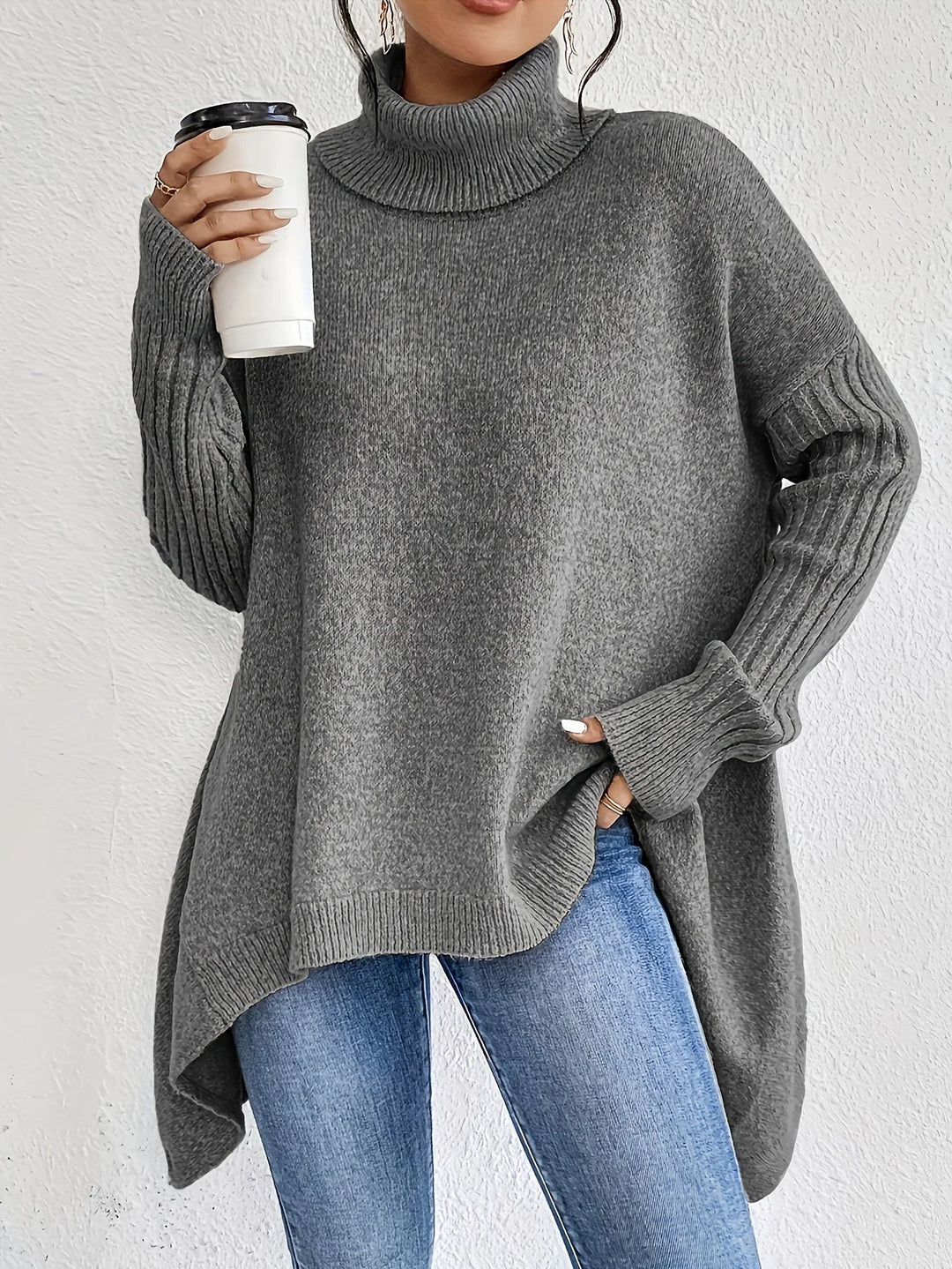 Hélyette | Pull long à col roulé et ourlet asymétrique