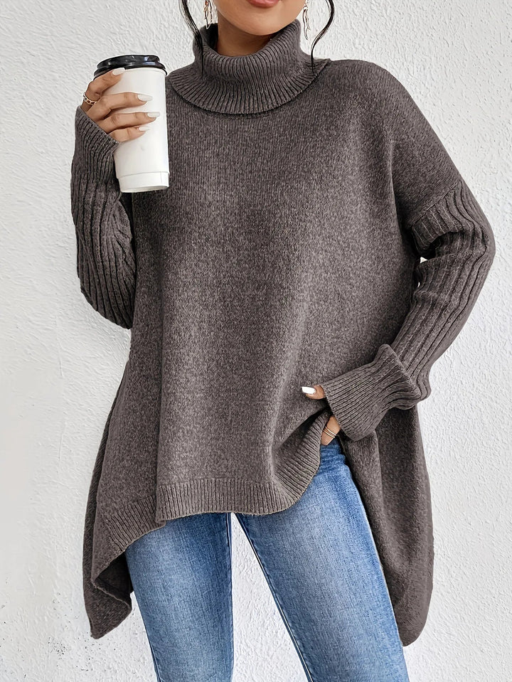 Hélyette | Pull long à col roulé et ourlet asymétrique
