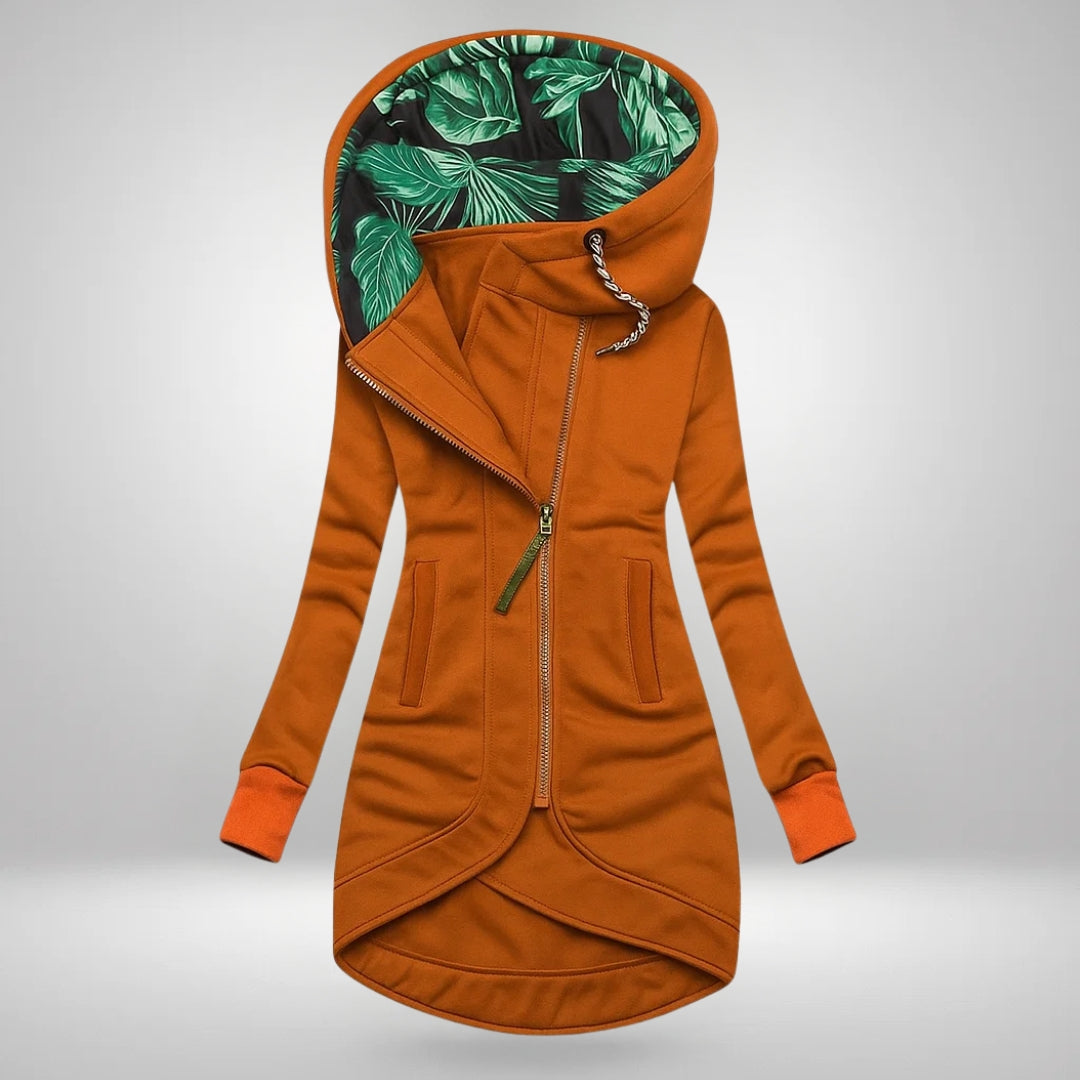 Hermine | Manteau long à capuche et zip asymétrique