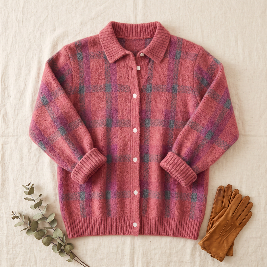 Isaure | Cardigan en maille à carreaux rose