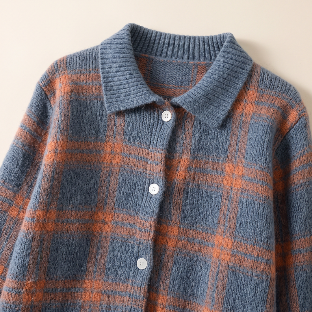 Garance | Cardigan en maille à carreaux bleu