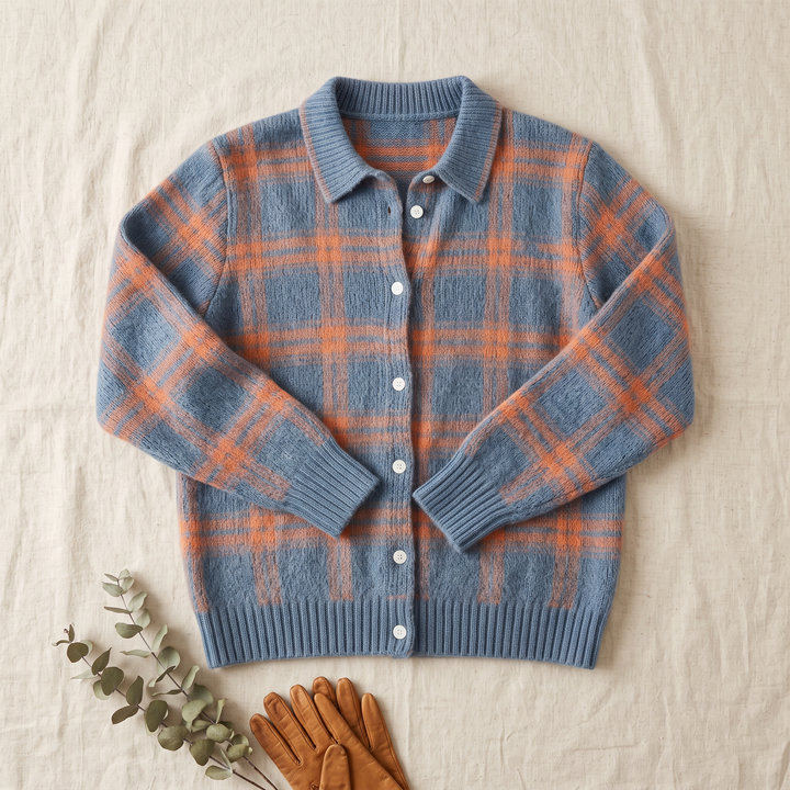 Garance | Cardigan en maille à carreaux bleu