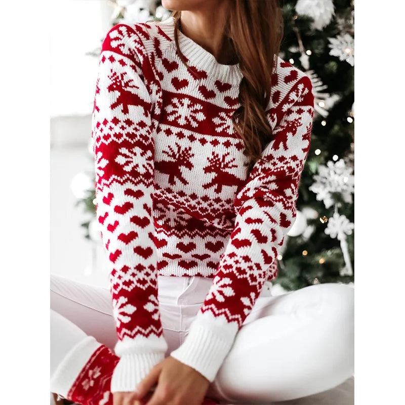 Idelette | Pull de Noël jacquard à rennes et cœurs