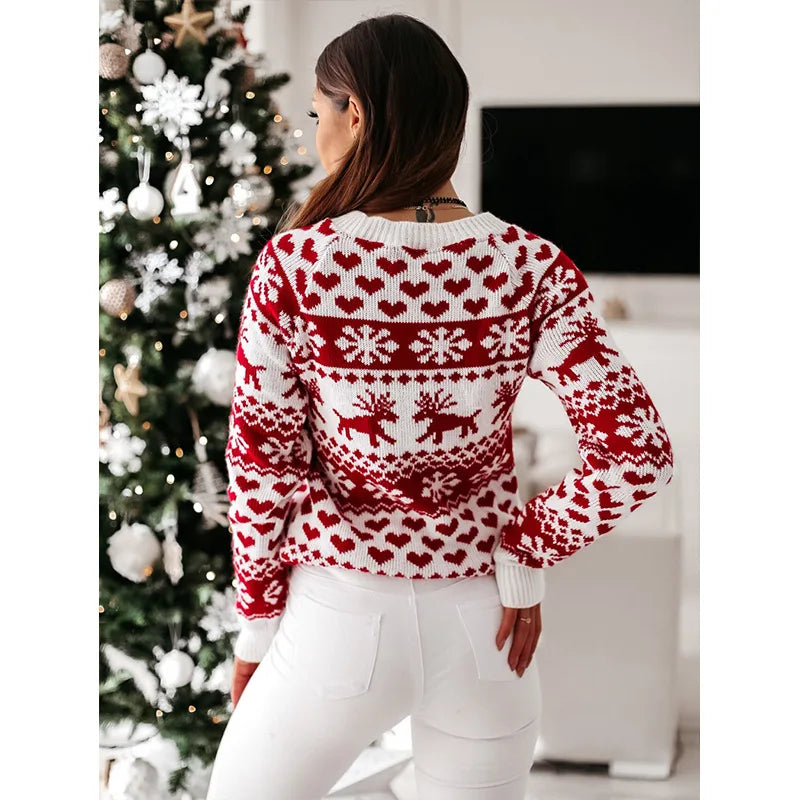 Idelette | Pull de Noël jacquard à rennes et cœurs