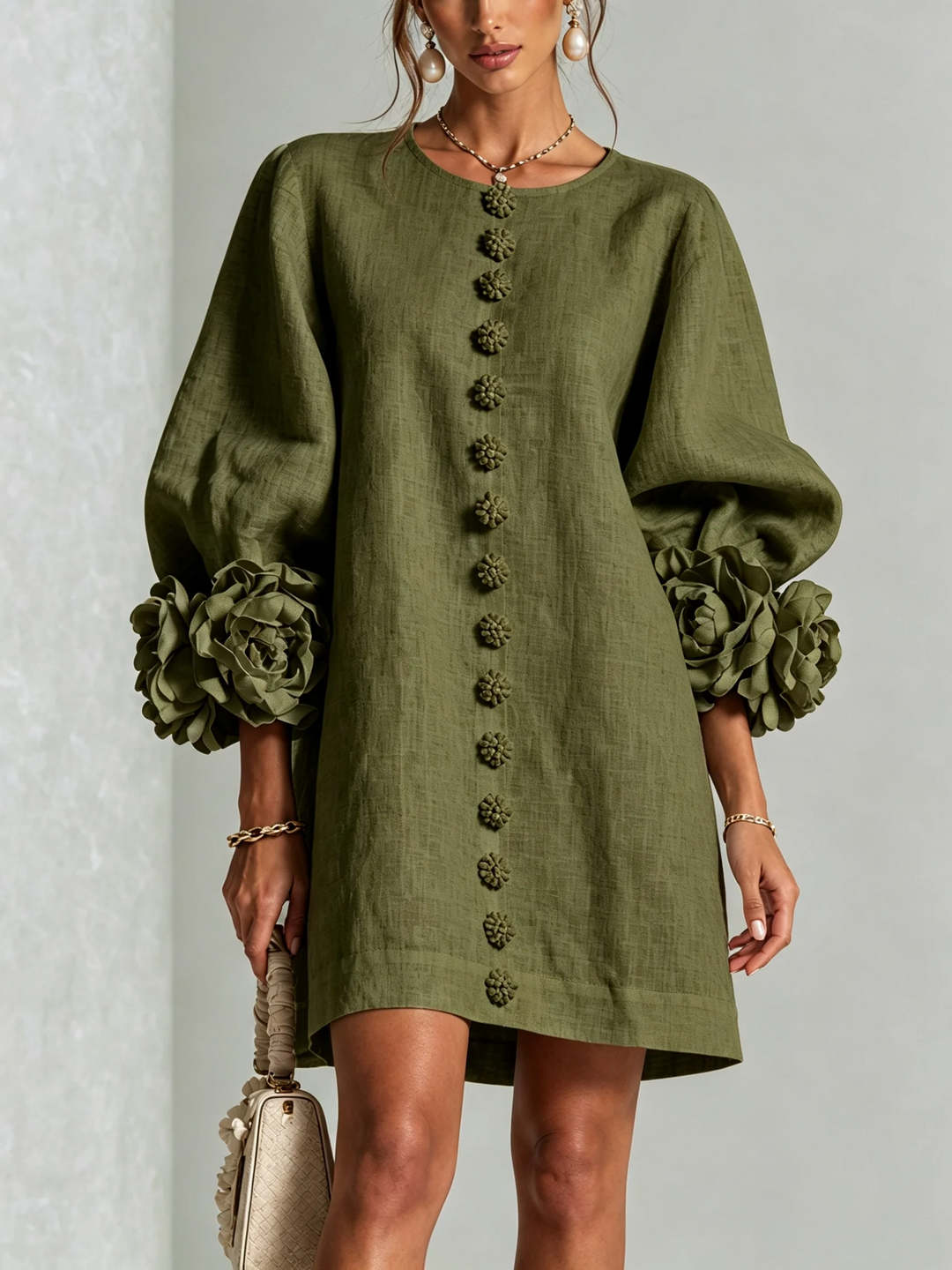 Brune | Robe courte en lin mélangé à manches bouffantes