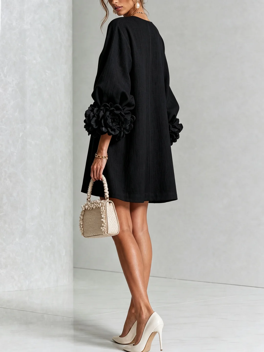 Brune | Robe courte en lin mélangé à manches bouffantes