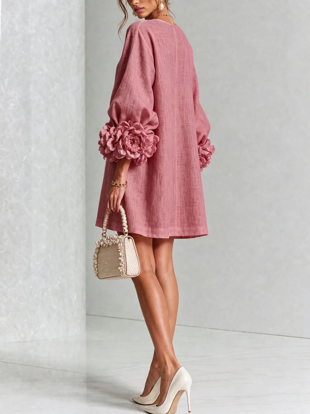 Brune | Robe courte en lin mélangé à manches bouffantes