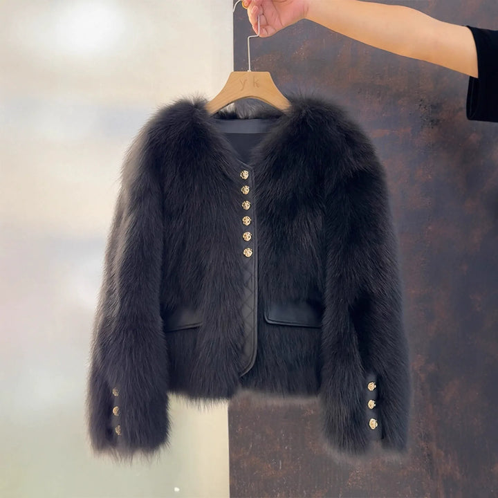 Angèle | Veste courte effet fourrure à boutons dorés