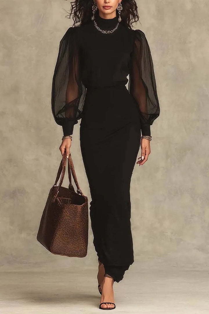 Agnès | Robe longue en maille ajourée à col roulé