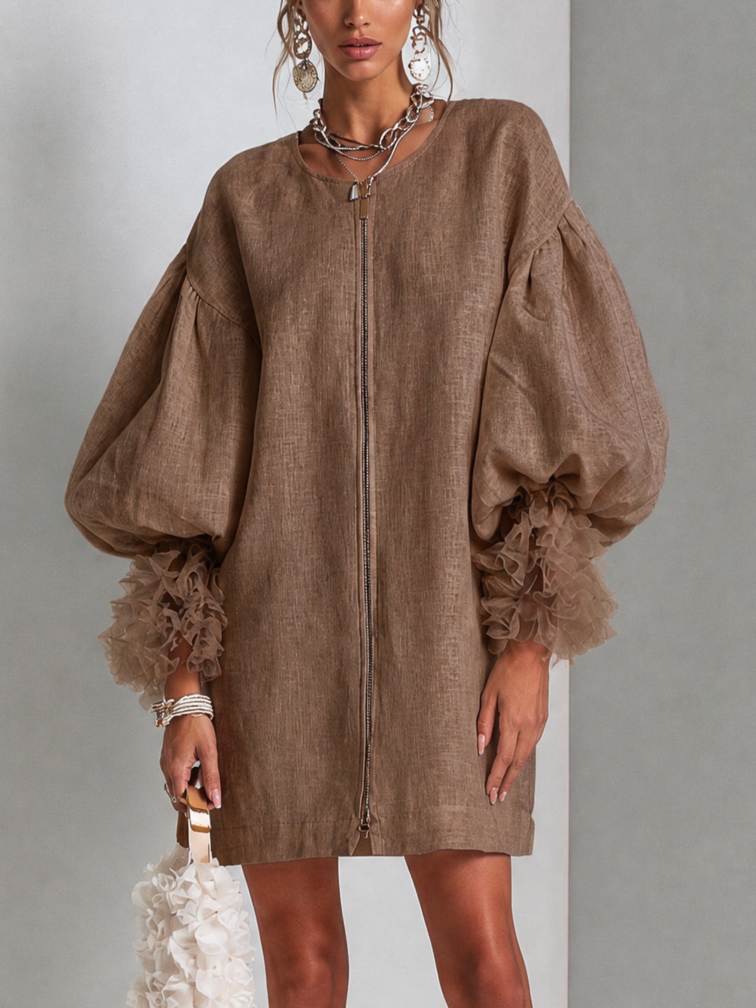 Iolanda | Robe courte zippée à manches ballon