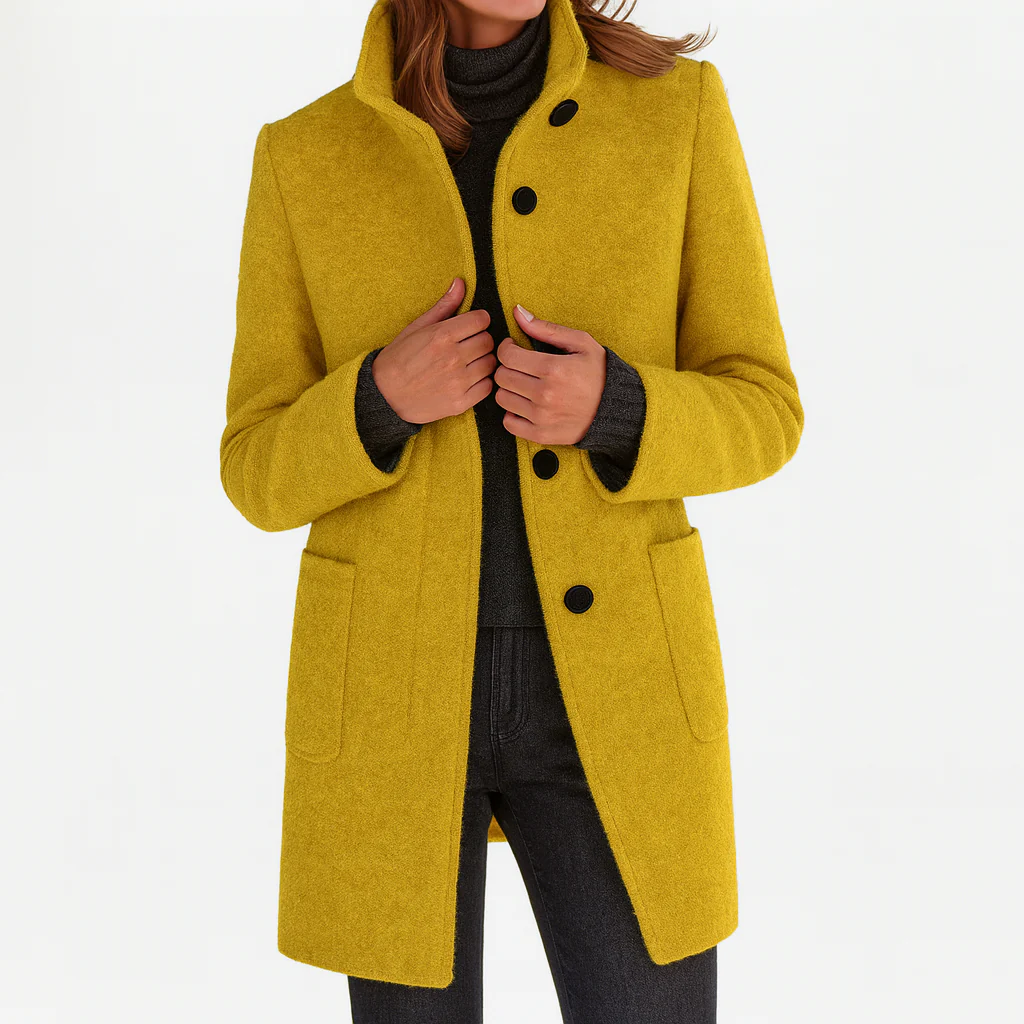 Laurence, manteau mi-long effet laine jaune moutarde