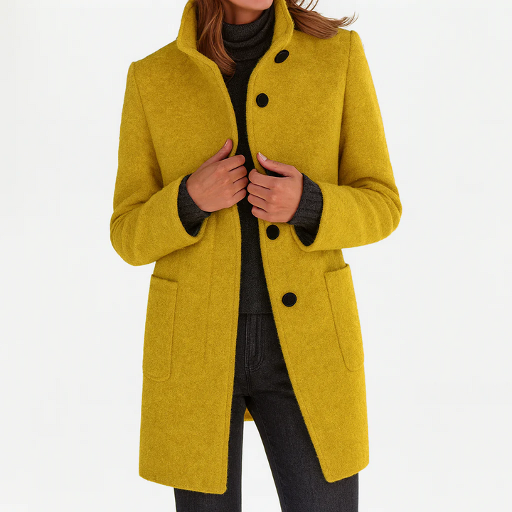 Laurence, manteau mi-long effet laine jaune moutarde