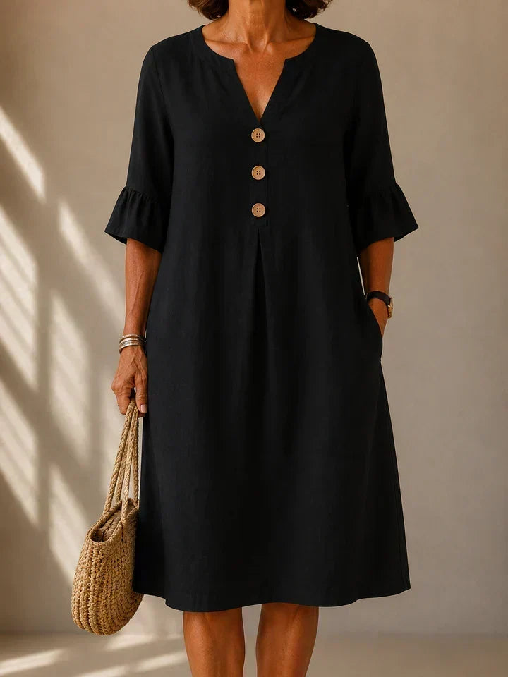 Lina | Robe fluide en coton et lin à boutons et pli creux