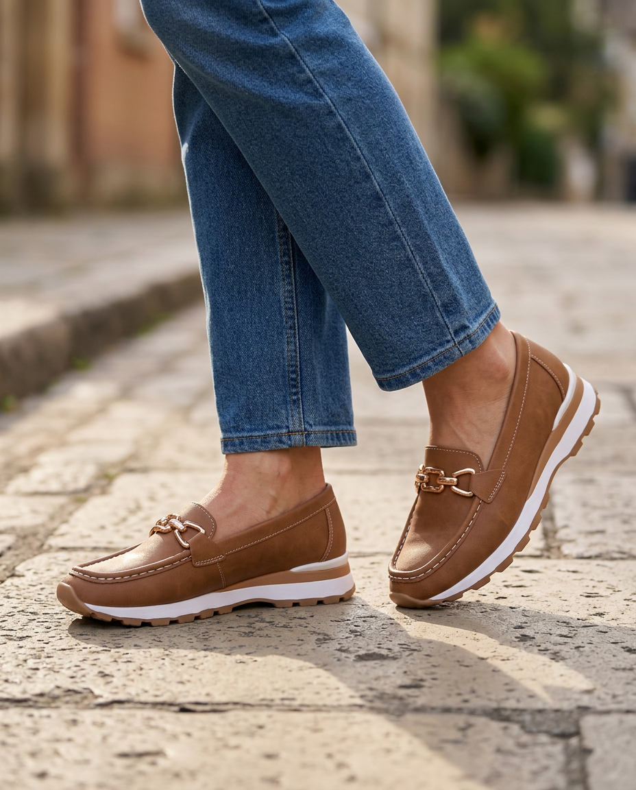 Muriel | Mocassins confort à mors doré et semelle blanche
