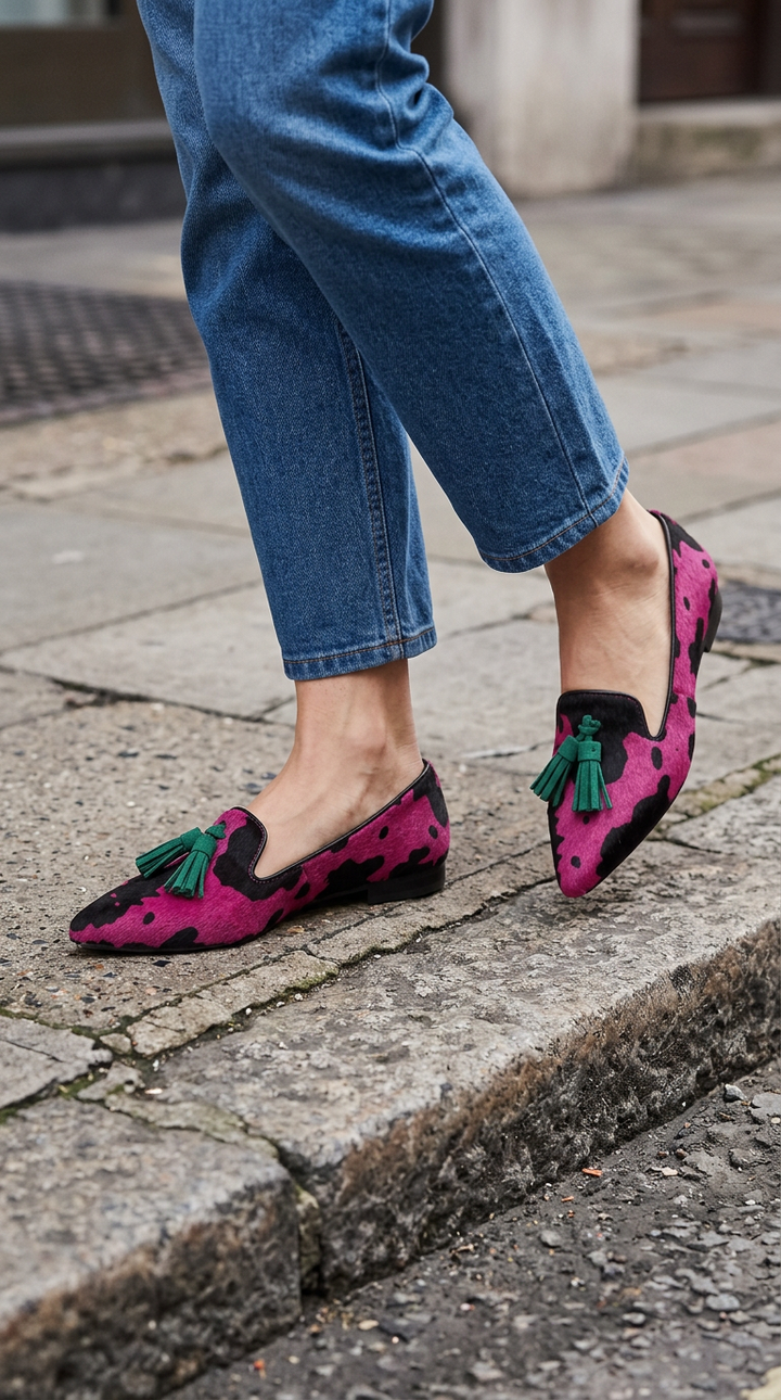 Lysiane | Mocassins pointus imprimé vache fuchsia à pampilles vertes