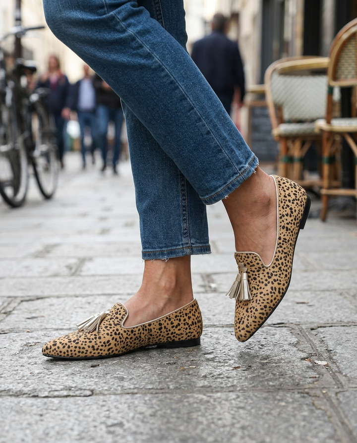 Henriette | Mocassins pointus guépard à pampilles dorées