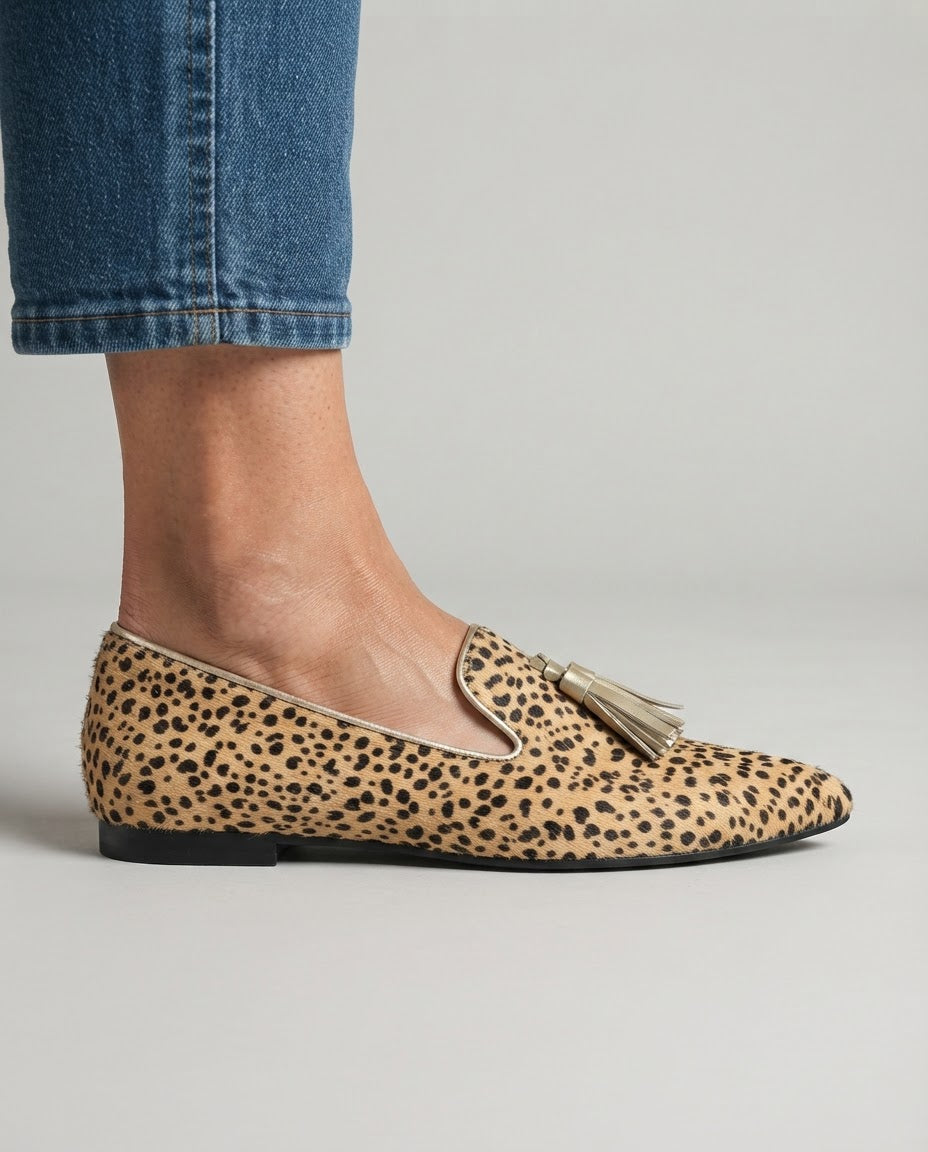 Henriette | Mocassins pointus guépard à pampilles dorées