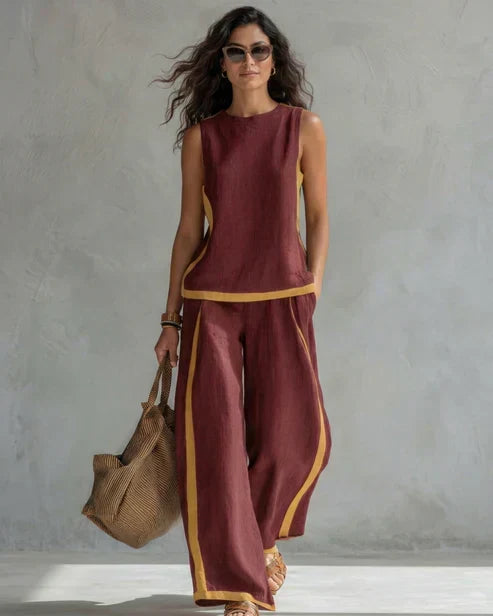 Monique | Ensemble sans manches à galon contrasté