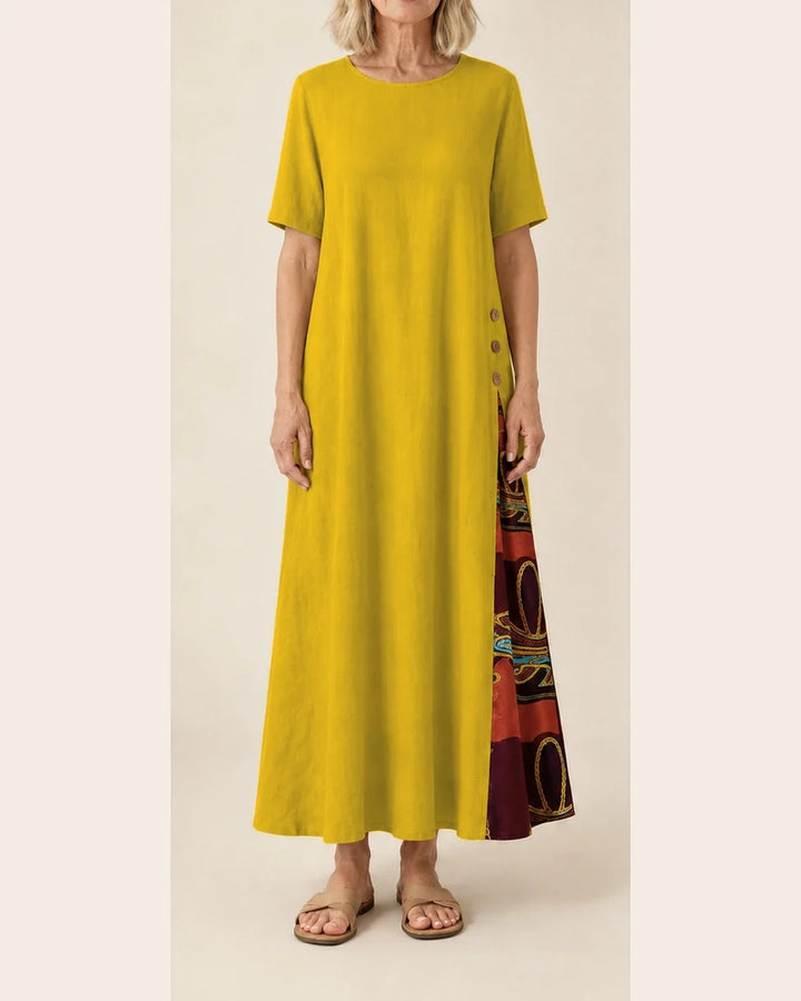 Maurene – Jaune moutarde | Robe longue décontractée effet lin