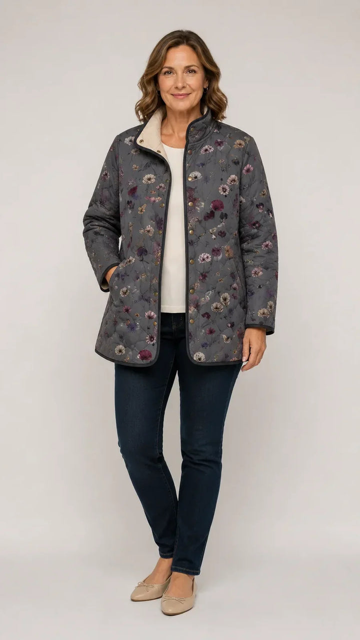Aude | Manteau matelassé gris à imprimé floral vintage