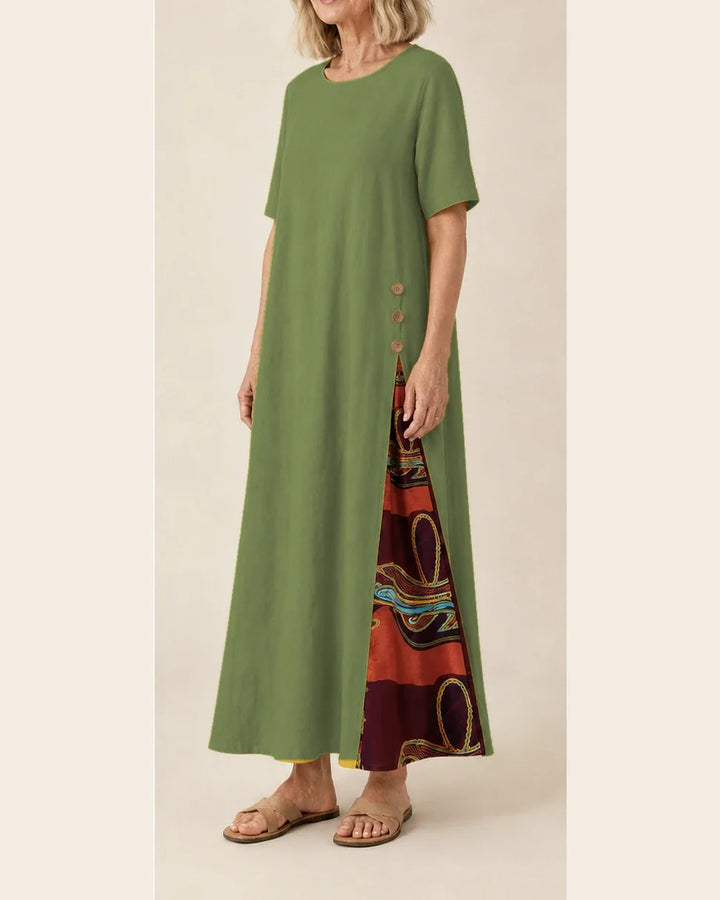 Maurene – Vert olive | Robe longue décontractée effet lin