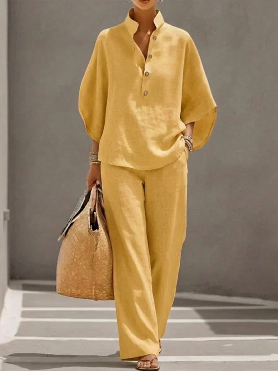 Maribel | Ensemble en lin avec manches chauve-souris et pantalons larges