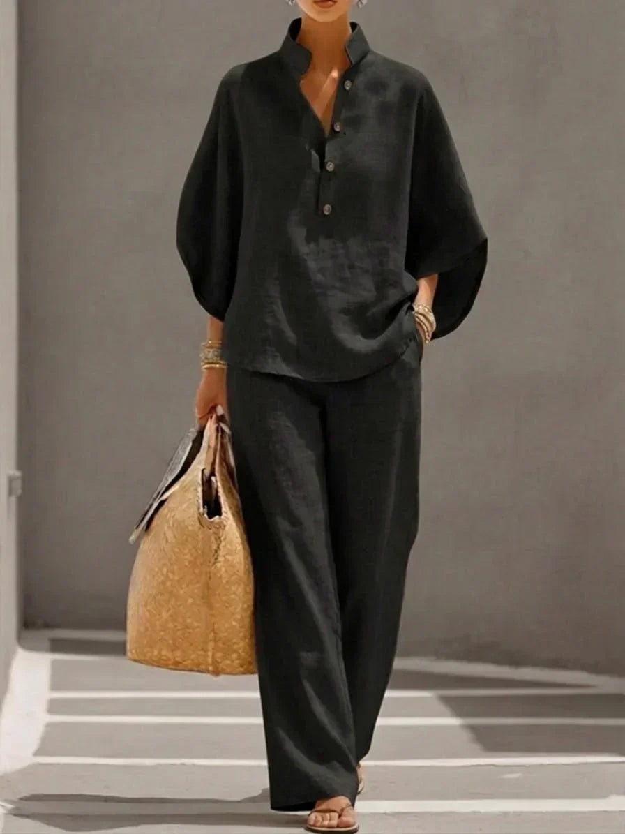 Maribel | Ensemble en lin avec manches chauve-souris et pantalons larges