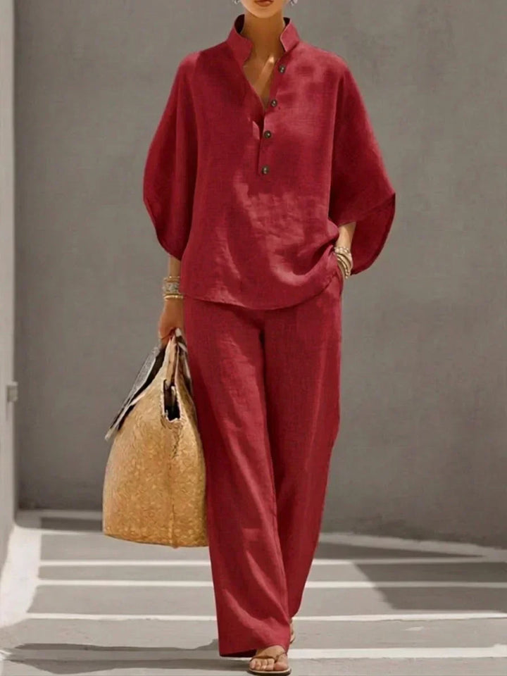 Maribel | Ensemble en lin avec manches chauve-souris et pantalons larges