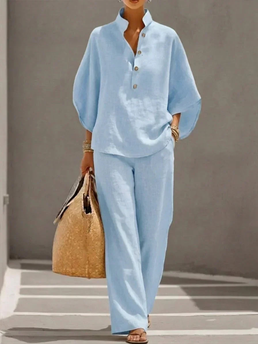 Maribel | Ensemble en lin avec manches chauve-souris et pantalons larges