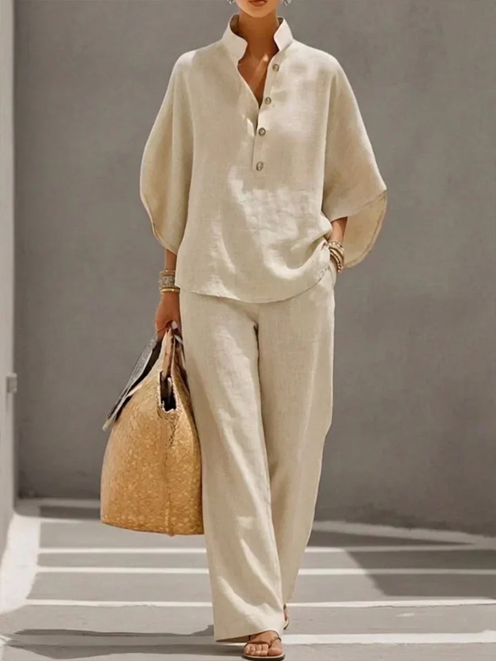 Maribel | Ensemble en lin avec manches chauve-souris et pantalons larges