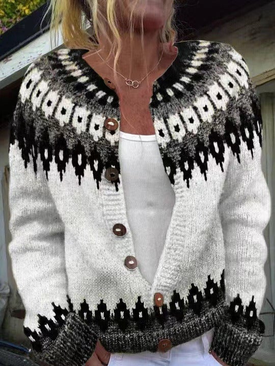 Peggy | Cardigan nordique blanc à motifs noirs
