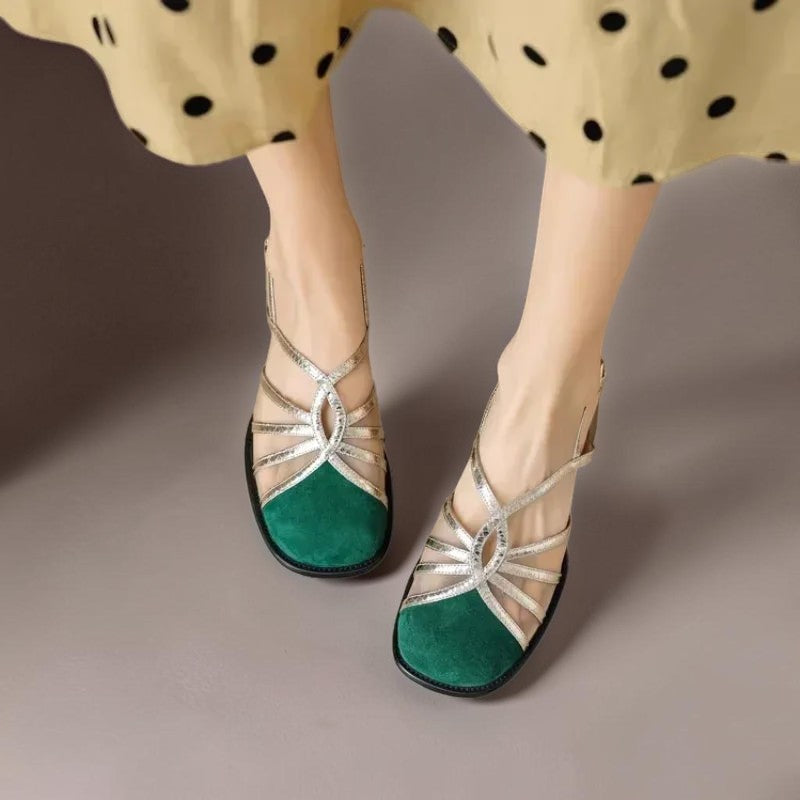 Perline | Sandales à brides dorées et bout effet daim