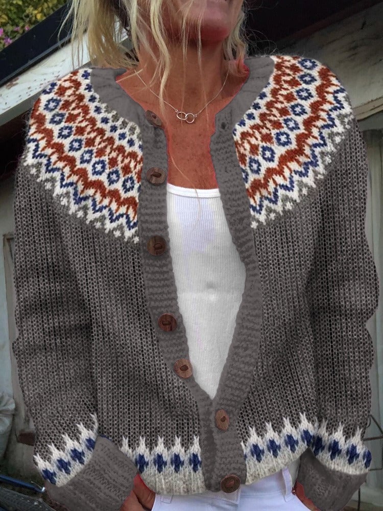 Pomeline | Cardigan nordique gris à motifs rouille et marine
