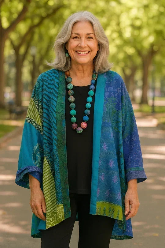 Primevère | Cardigan long ouvert effet patchwork
